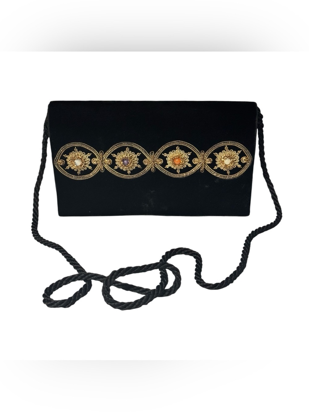 Kane-M 50’s Plush Black Velvet Zardozi Gold Filigree Cabochon Evening Bag Clutch